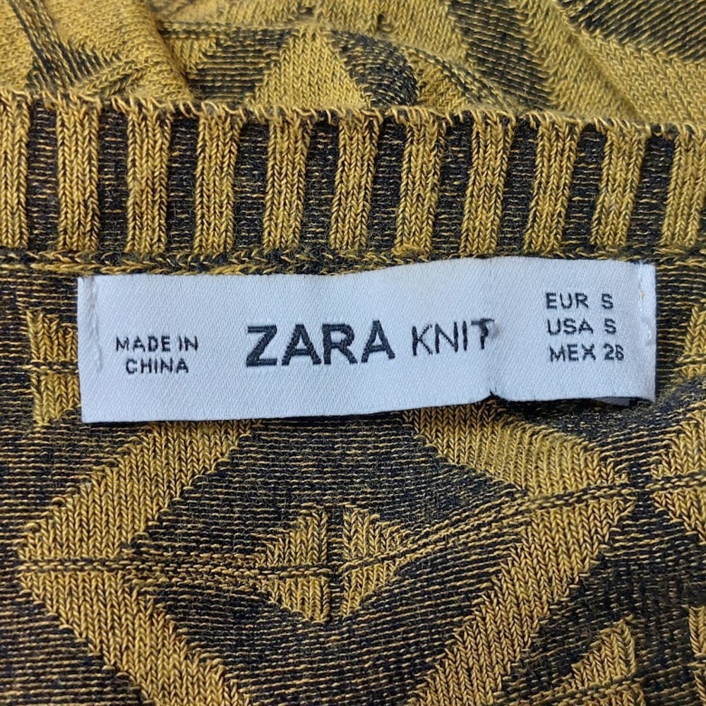 Zara Knit Dress Women's Small Mustard Geometric Ruched Puff Sleeve Mini Retro - Picture 7 of 9